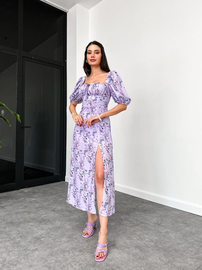 Lila Balon Kol Çiçekli Elbise