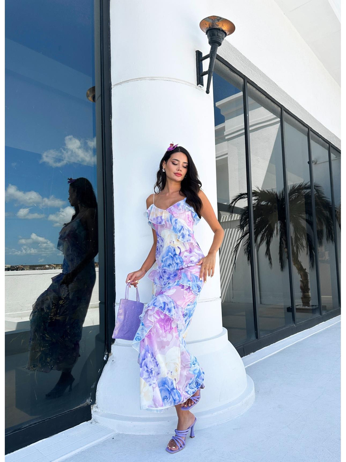Lila Floral Asimetrik Ruffled Elbise