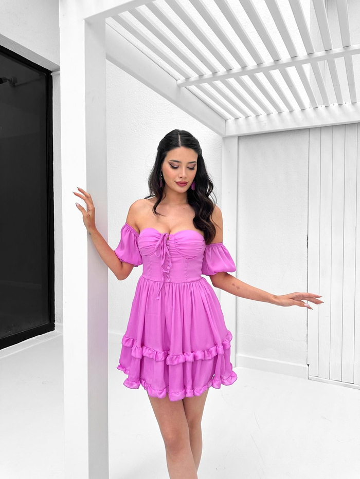 Lila Straplez Fırfırlı Mini Elbise