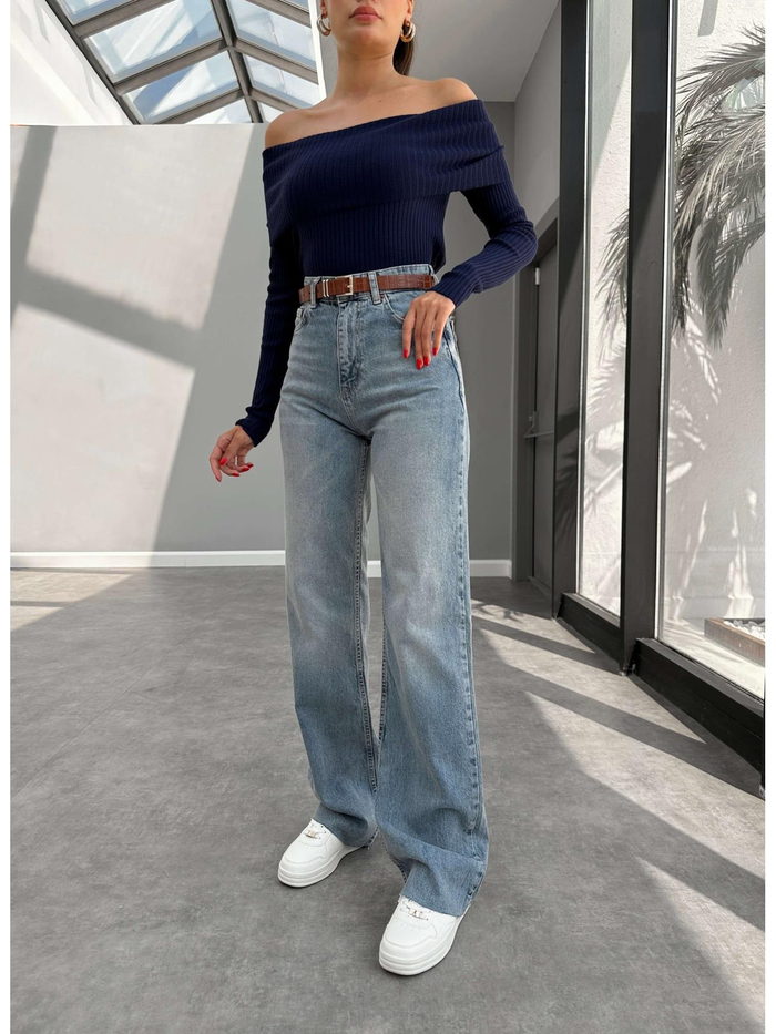 Mavi Yıkamalı Wide-Leg Jean