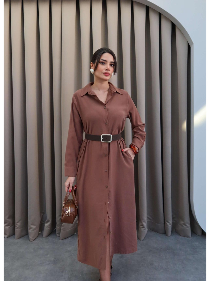 Modal Kumaş Süet Kemerli Elbise