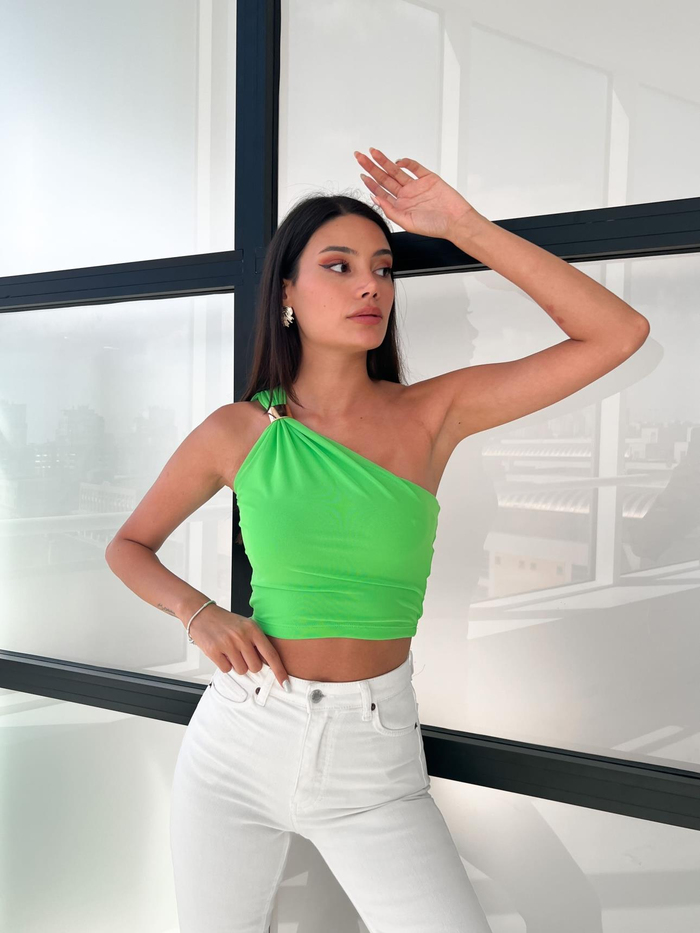 Neon Yeşil Tek Kol Tulle Blouse