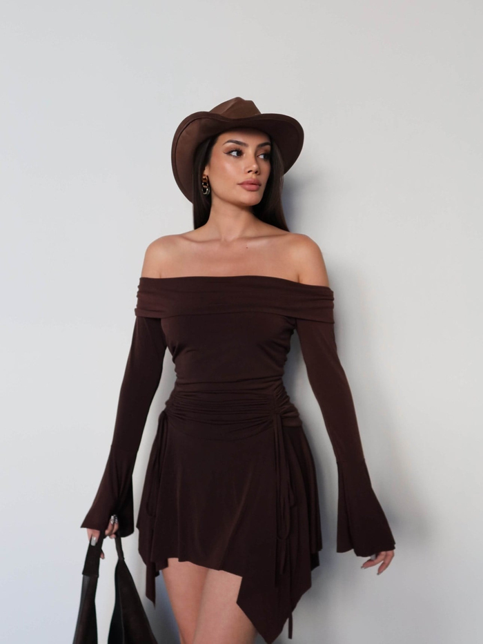 Omuz Açık Asimetrik Mini Elbise E.H Collection