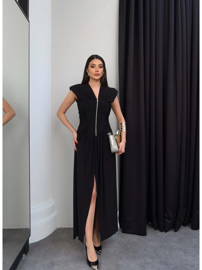 Ön Fermuarlı Drapeli Uzun Elbise