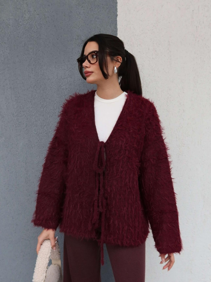 Önden Bağlamalı Peluş Hırka