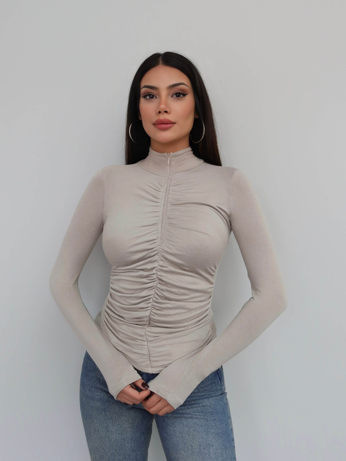 Önü Büzgülü Fermuarlı Bluz