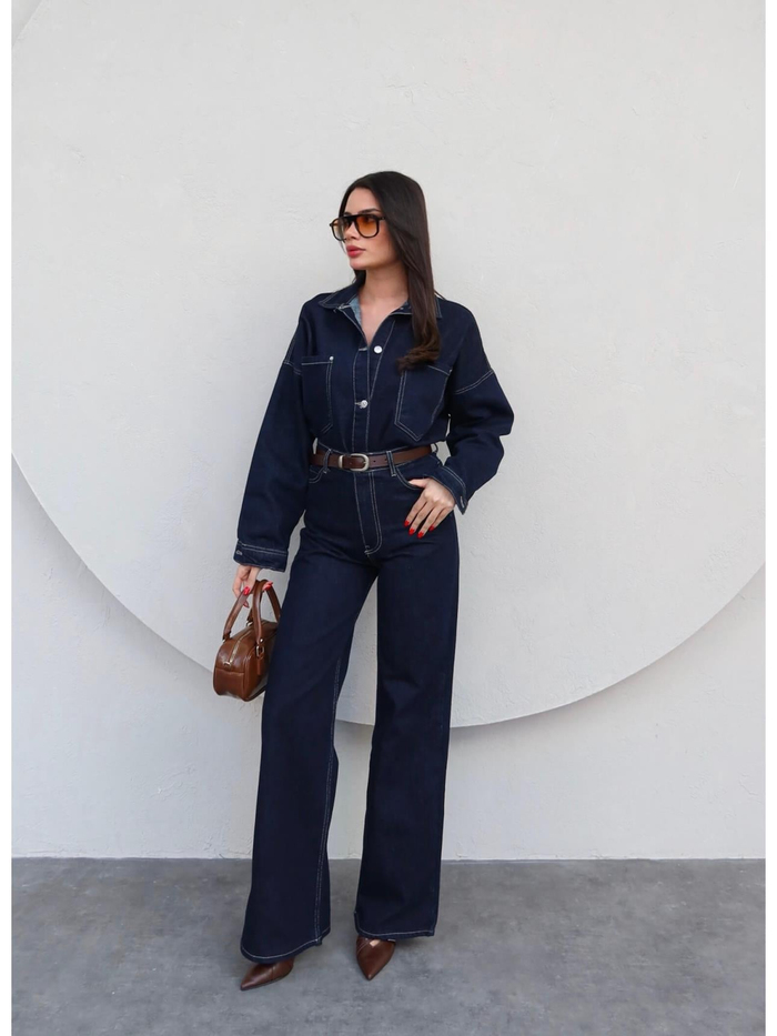 Önü Düğmeli Cepli Oversize Kot Takım