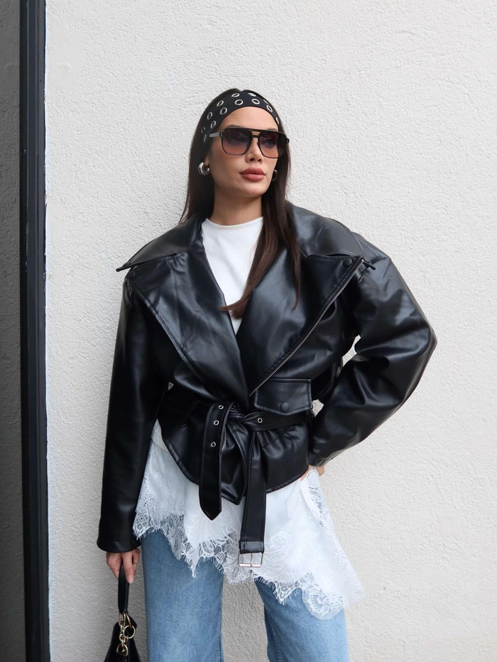 Oversize Kemerli Deri Ceket
