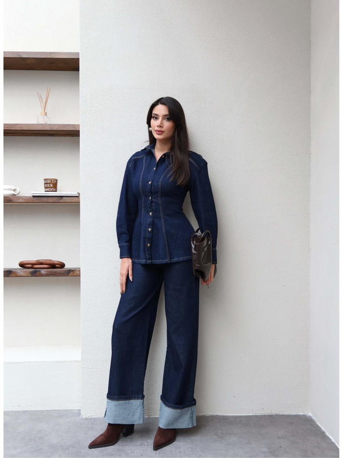 Paça Katlı Denim Takım