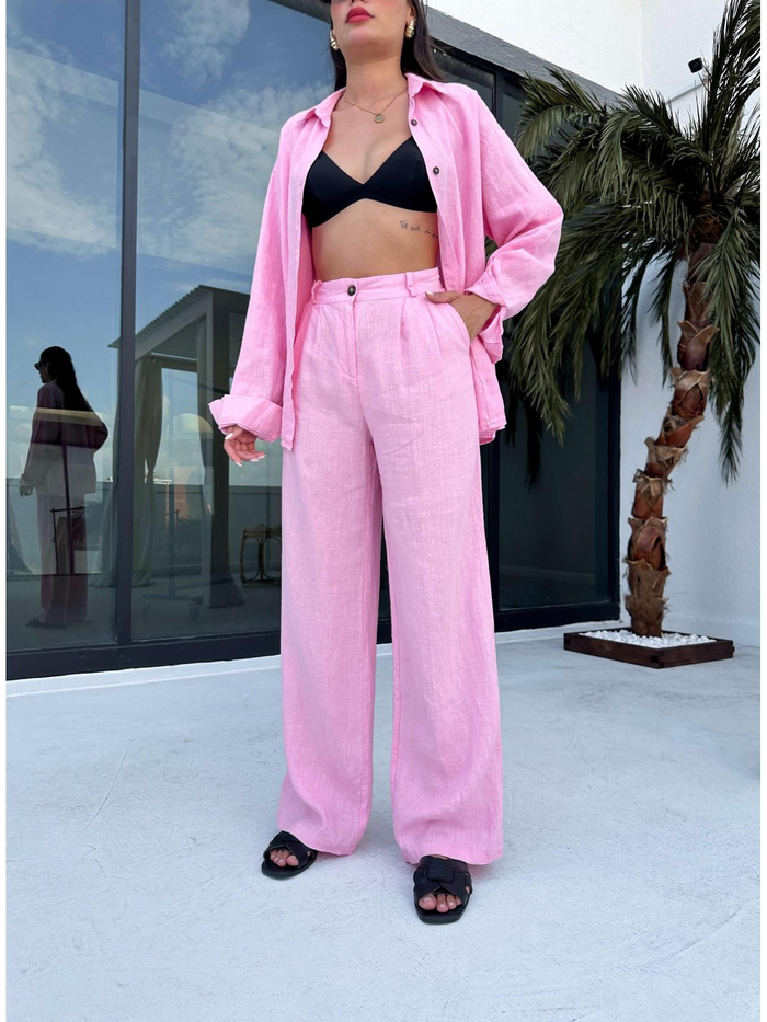 Pembe %100 Keten Palazzo Pantolon
