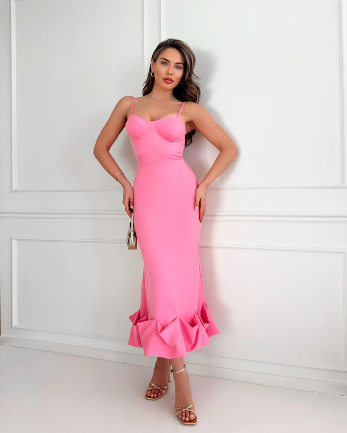 Pembe Alt Frilly Fitted Elbise