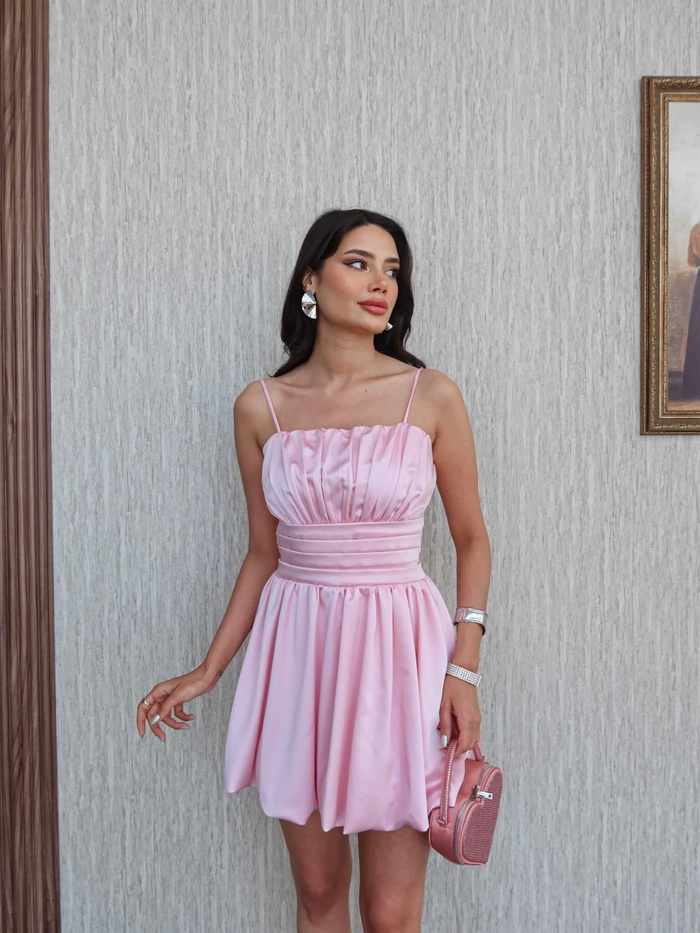 Pembe Askılı Büzgü Elbise
