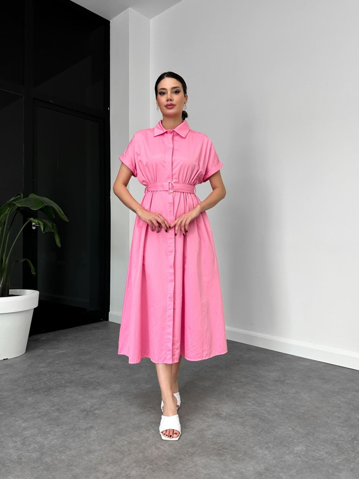 Pembe Kısa Kol Kemerli Poplin Elbise