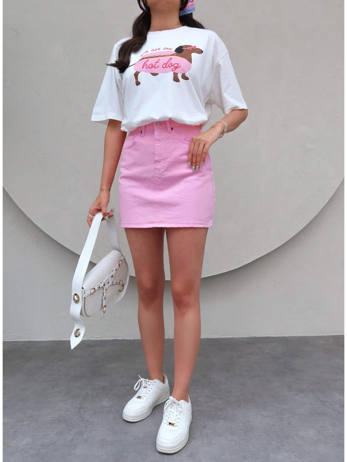 Pembe Mini Denim Etek
