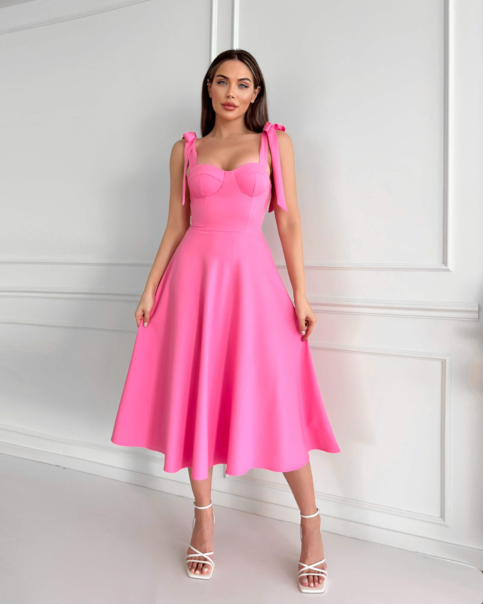 Pembe Omuzdan Bağlamalı Midi Elbise