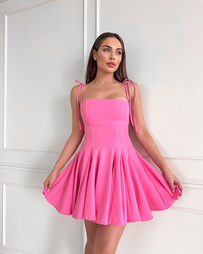 Pembe Omuzdan Bağlı Kloş Mini Elbise