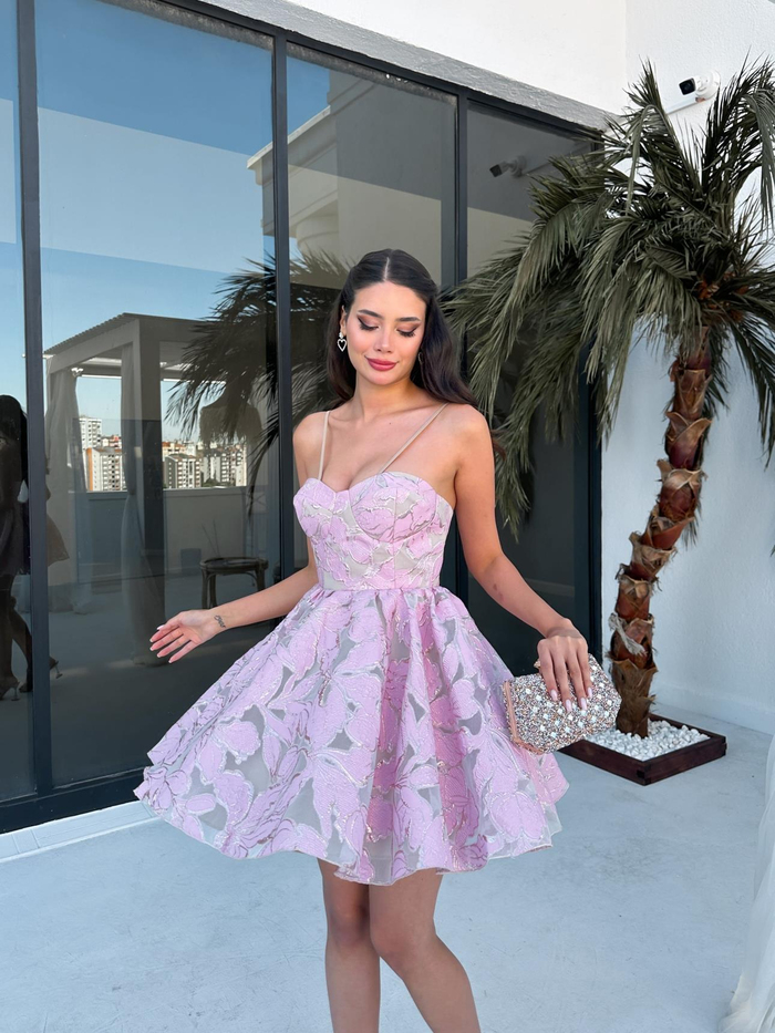 Pembe Simli Mini Elbise