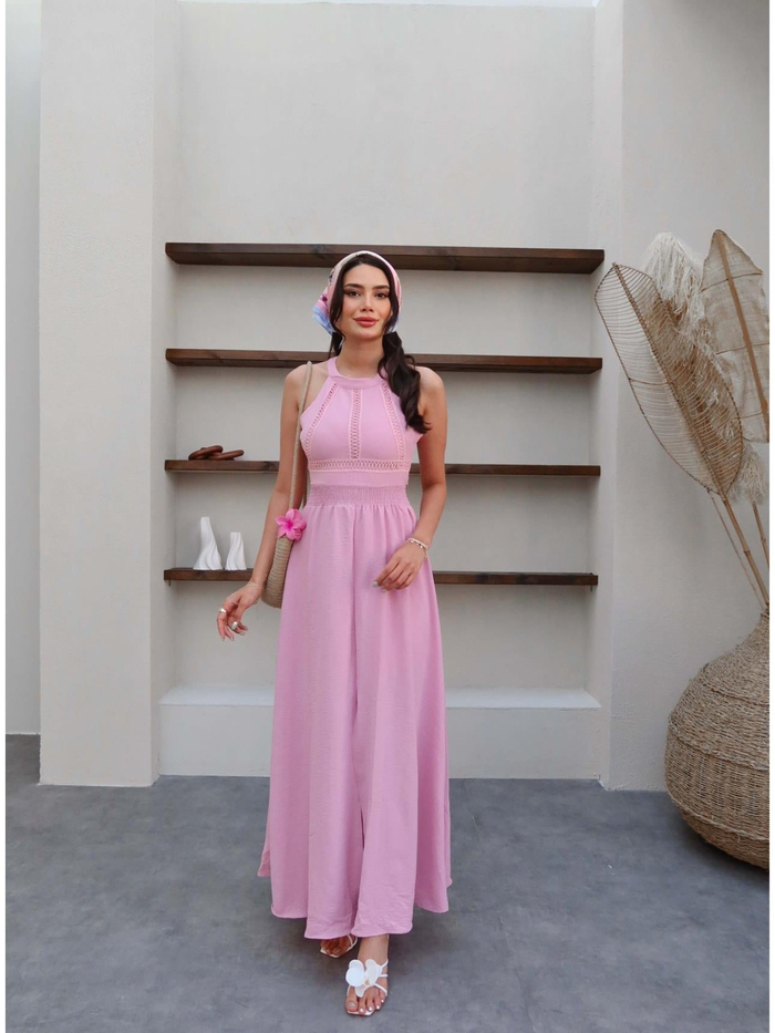 Pembe Sırt Dekolteli Şifon Elbise