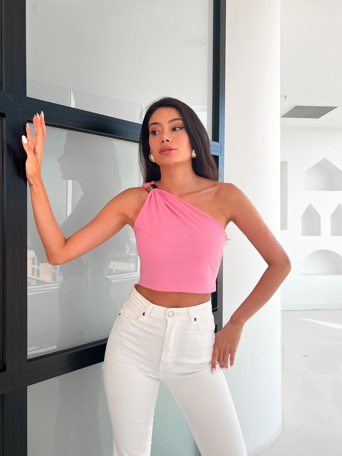 Pembe Tek Kol Tulle Blouse