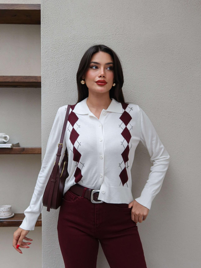 Polo Yaka Baklava Desen Hırka