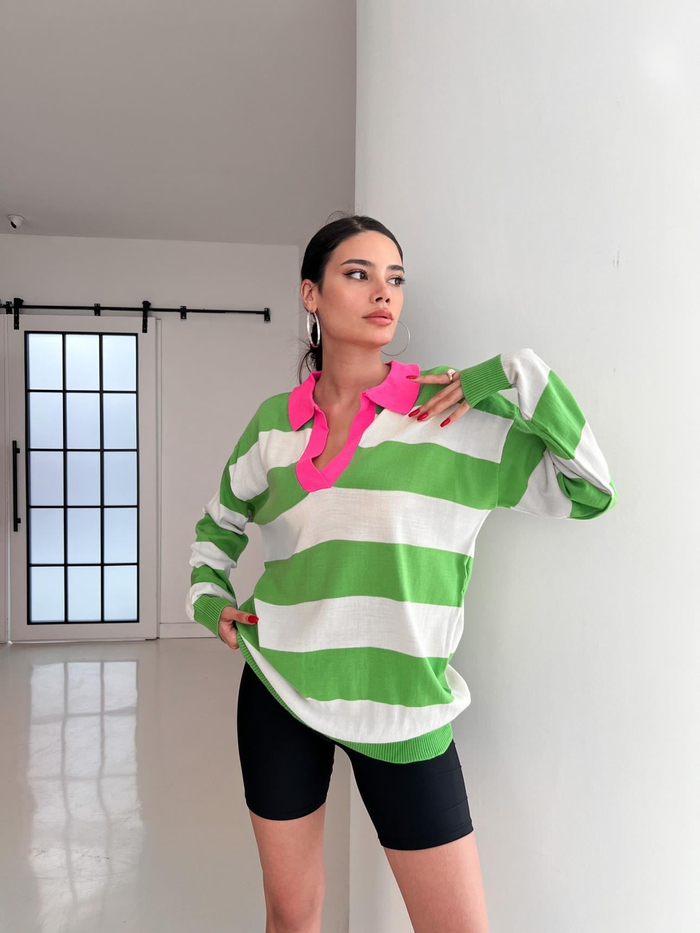 Polo Yaka Çizgili Kazak