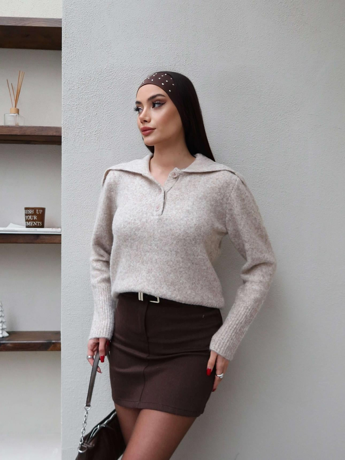 Polo Yaka Düğmeli Triko Kazak