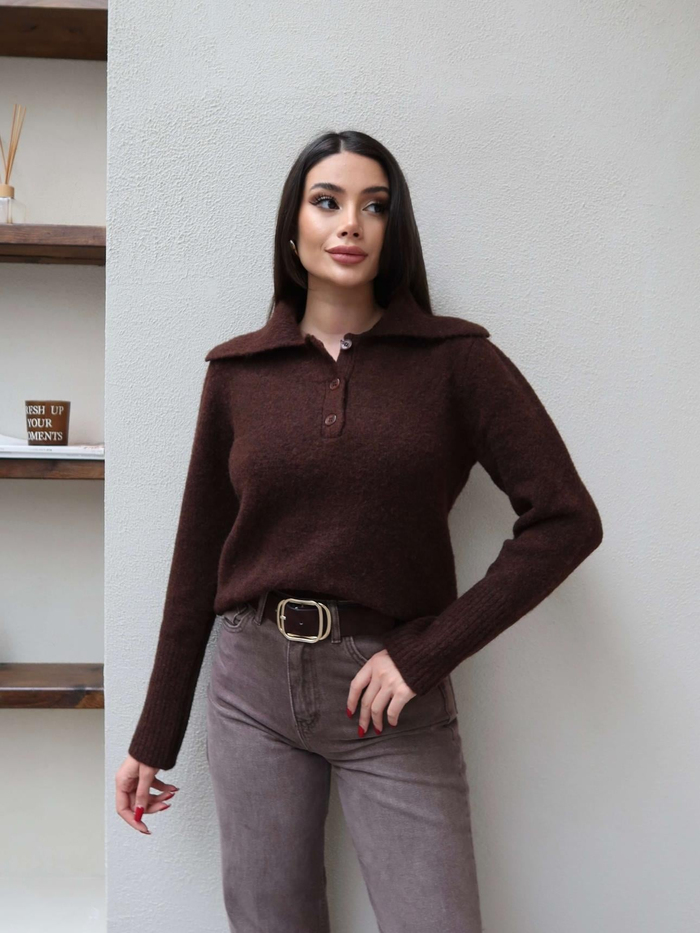 Polo Yaka Düğmeli Triko Kazak