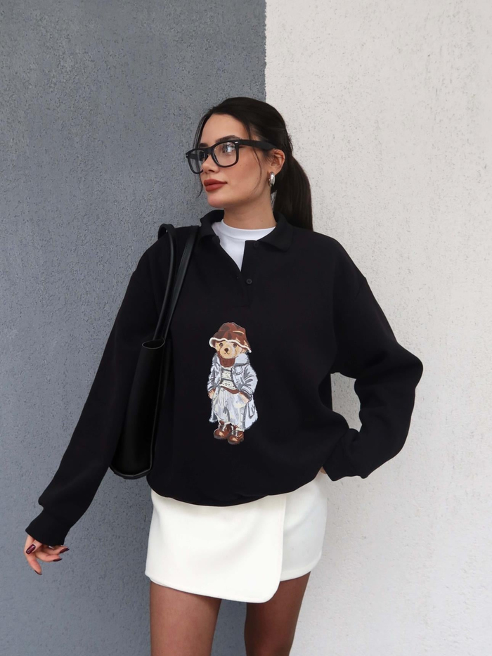 Polo Yaka Şardonlu Teddy Bear Sweat