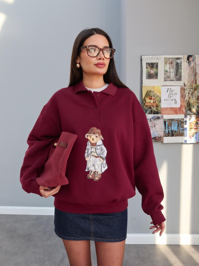 Polo Yaka Şardonlu Teddy Bear Sweat
