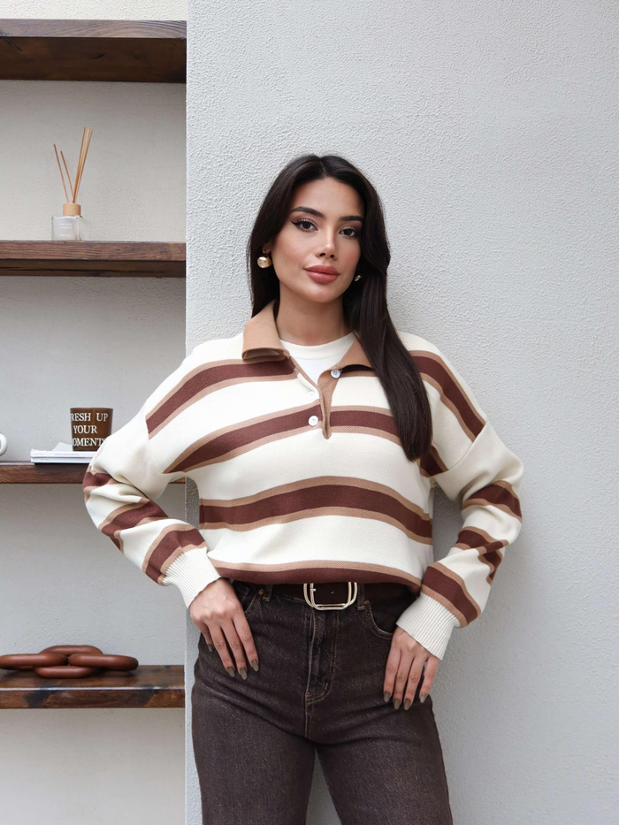 Polo Yaka Şeritli Triko Kazak