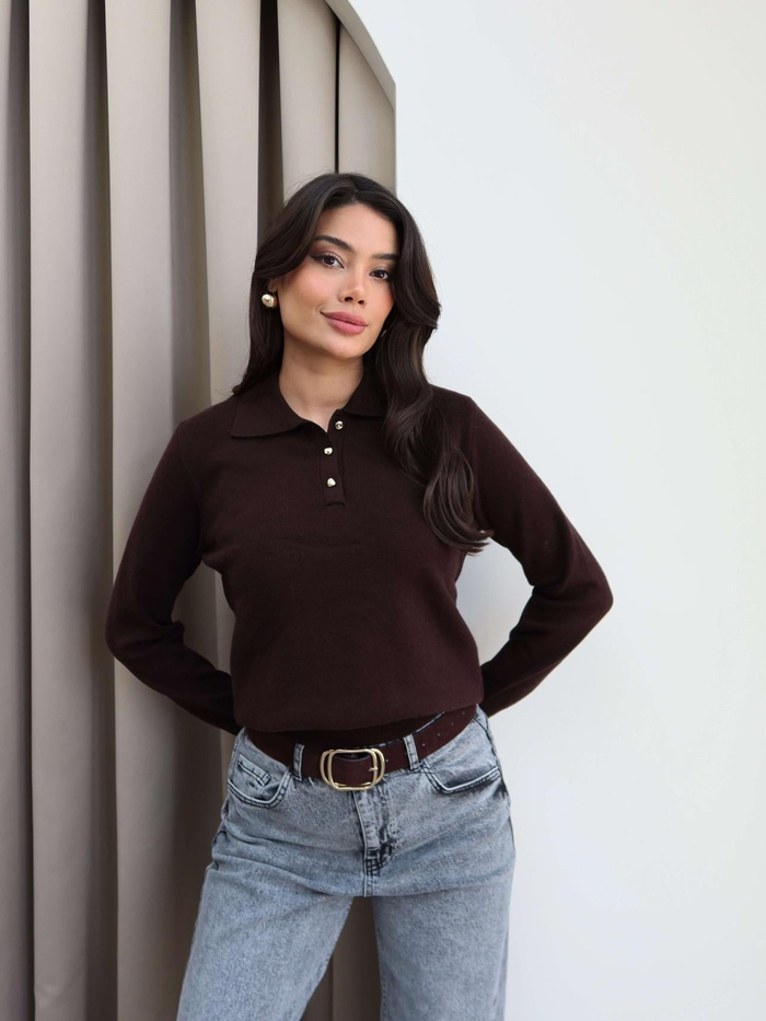 Polo Yaka Yarım Düğmeli Kazak