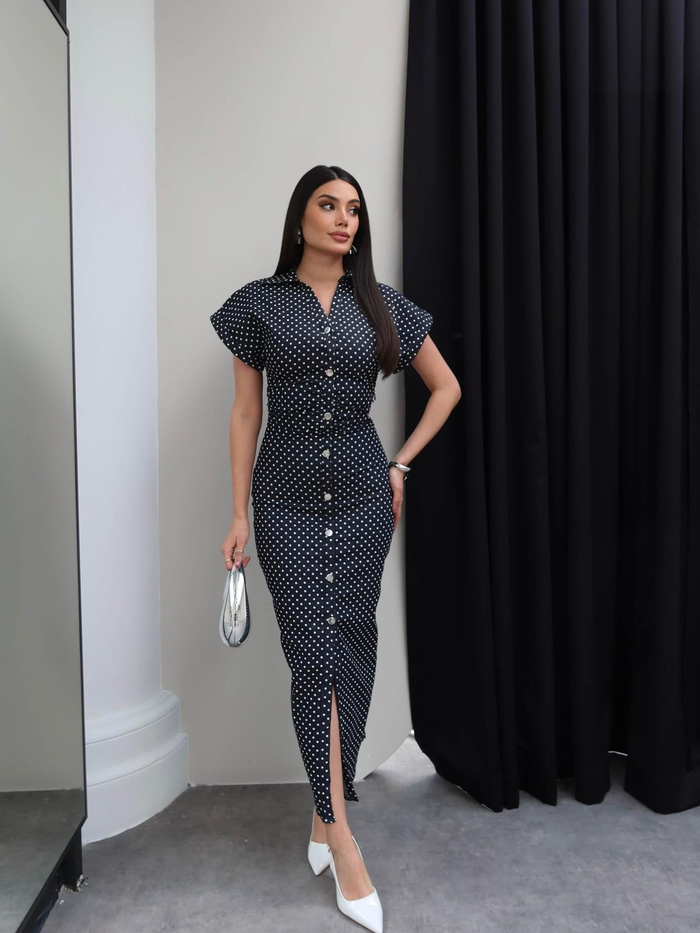 Puantiyeli Bel Büzgülü Denim Elbise