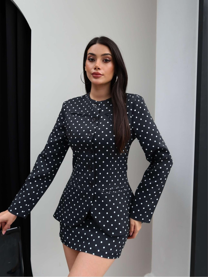 Puantiyeli Ceket Mini Etek Takım