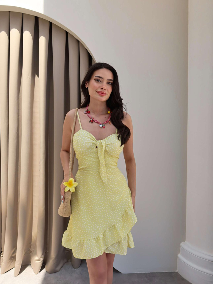 Puantiyeli Göğüs Bağlı Mini Elbise