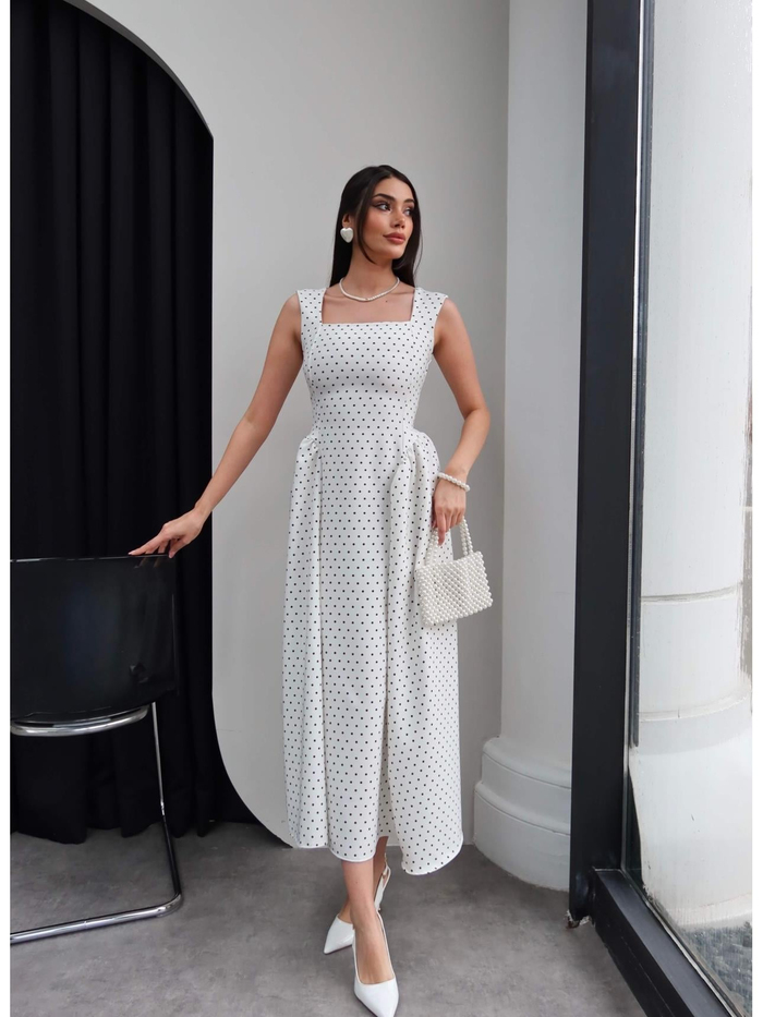 Puantiyeli Kalın Askılı Midi Elbise