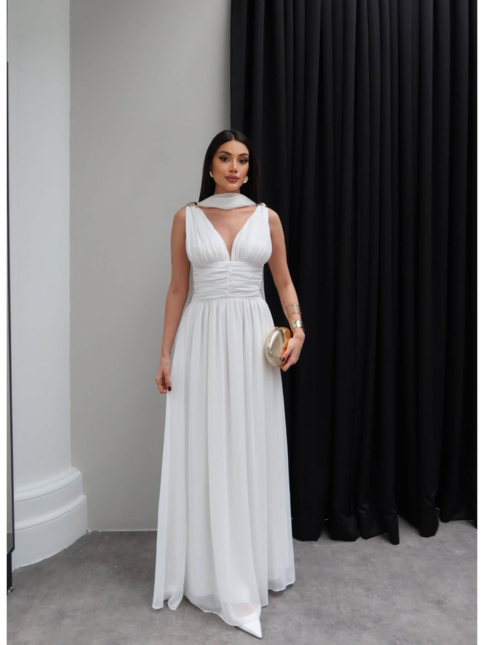 Şallı Bel Drapeli Şifon Maxi Elbise