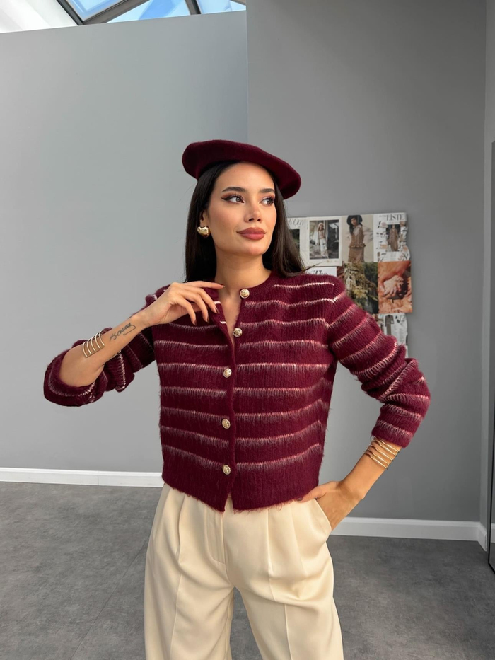 Şardonlu İnce Çizgili Hırka