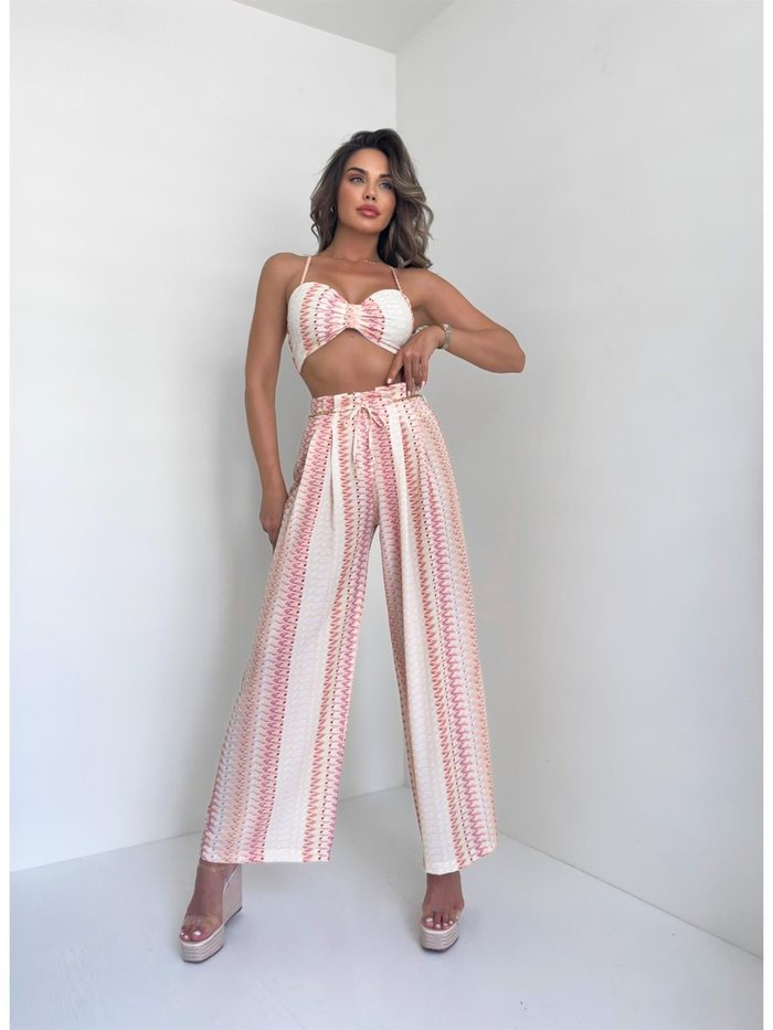 Sarı Desenli Crop Takım