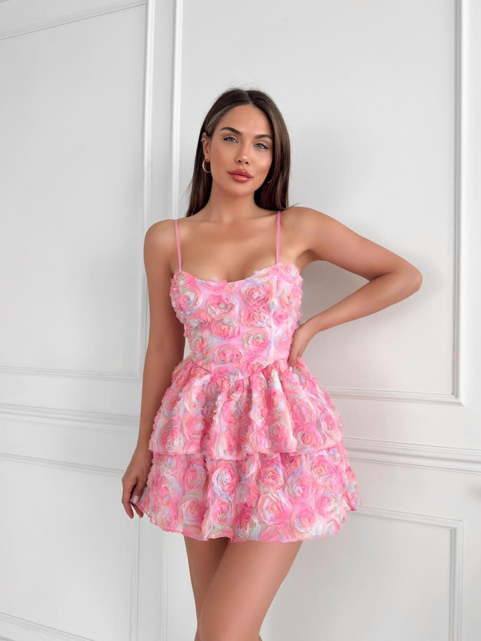 Şeker Pembe Askılı Rose Kısa Elbise