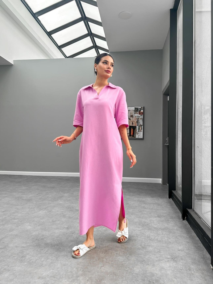 Şeker Pembe Keten Gömlek Elbise