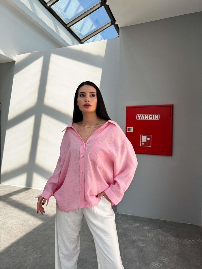 Şeker Pembe Low Shoulder Gömlek