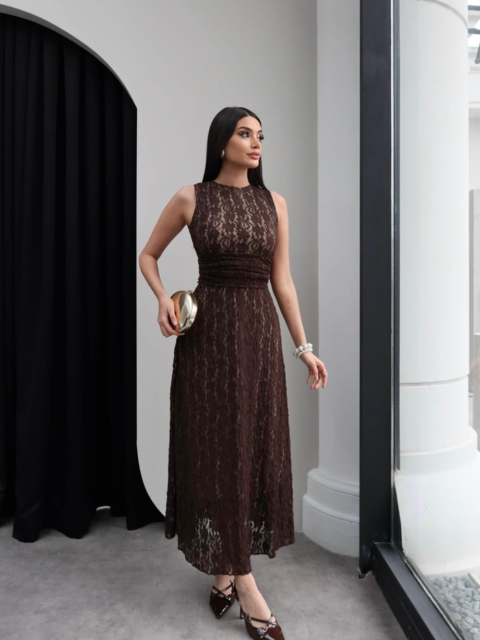 Sıfır Kol Bel Drape Güpür Elbise