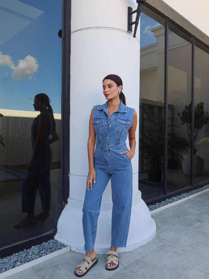 Sıfır Kol Cepli Denim Tulum