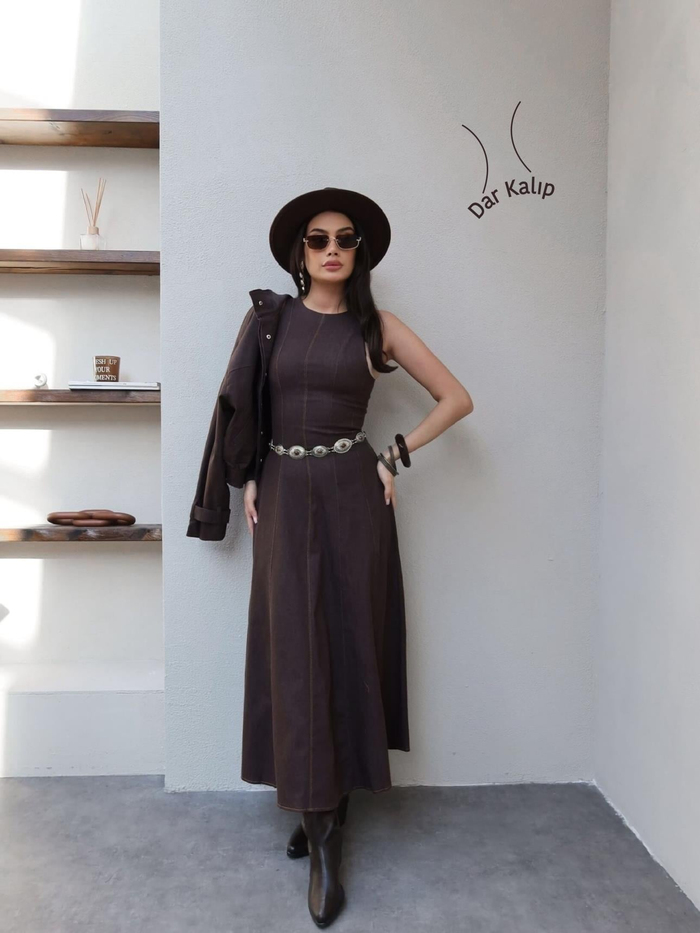 Sıfır Kol Denim Elbise