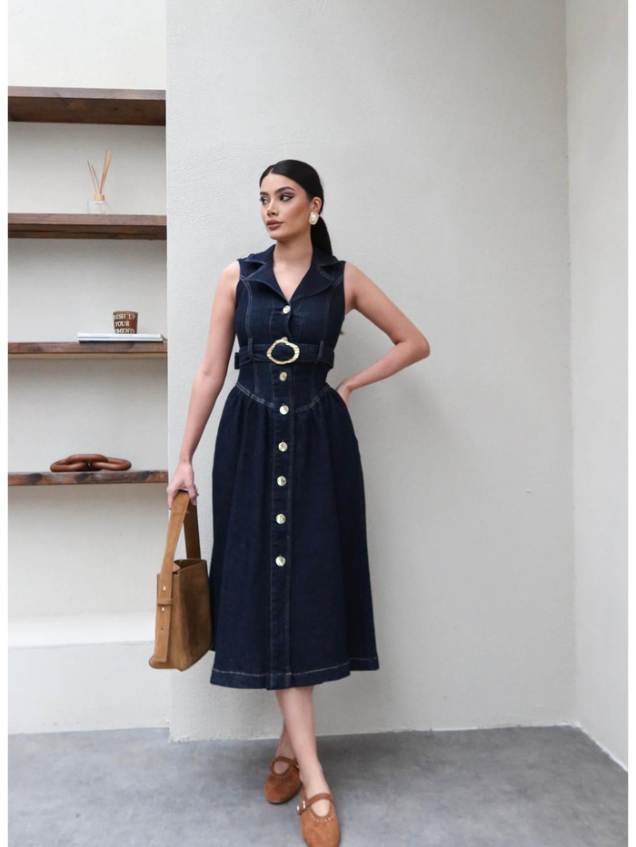 Sıfır Kol Kemerli Denim Elbise