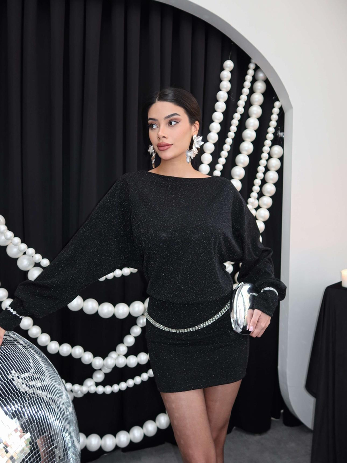 Simli Bel Lastikli Mini Elbise