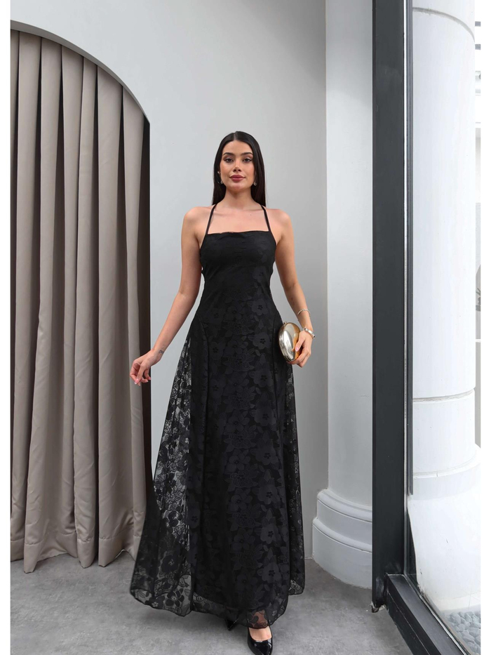 Sırt Bağlamalı Çiçek Desen Tül Elbise