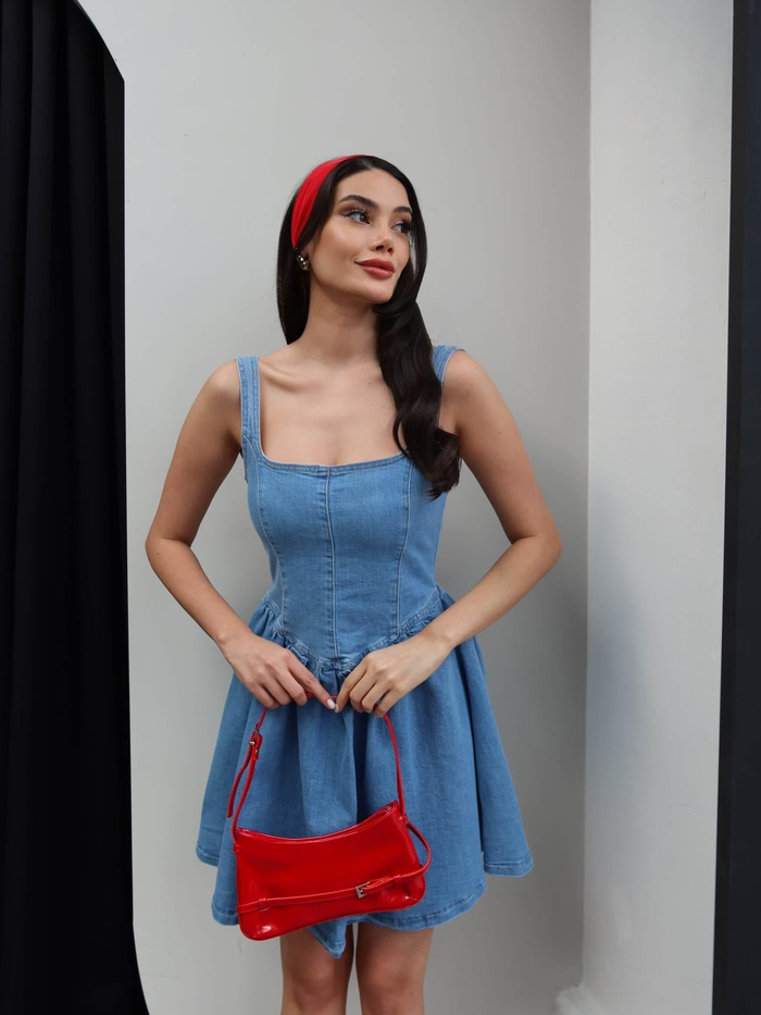 Sırt Fiyonklu Denim Mini Elbise