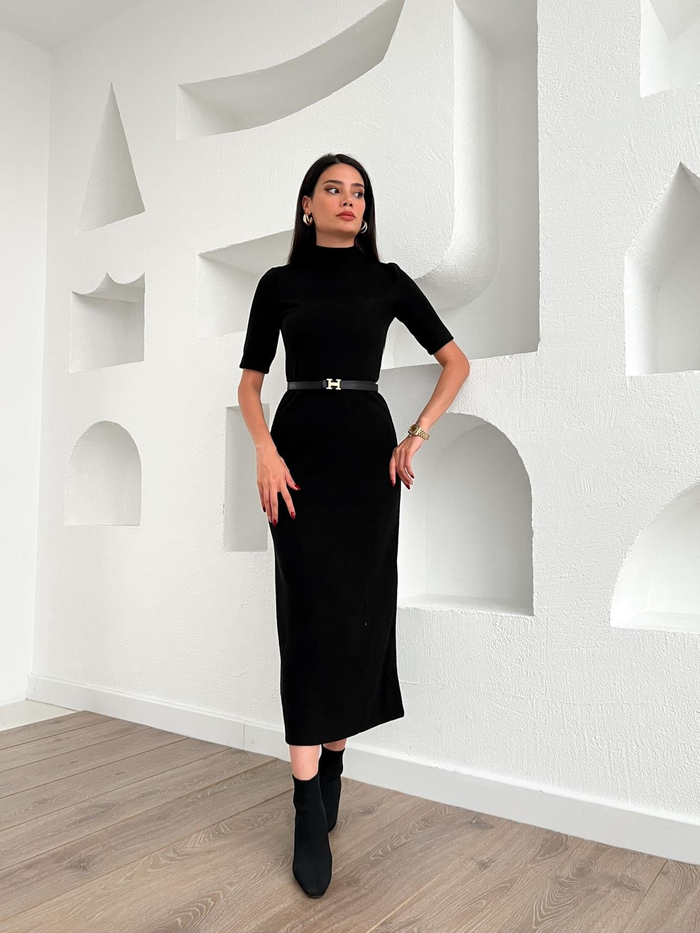 Siyah Fitilli Kısa Kol Uzun Elbise