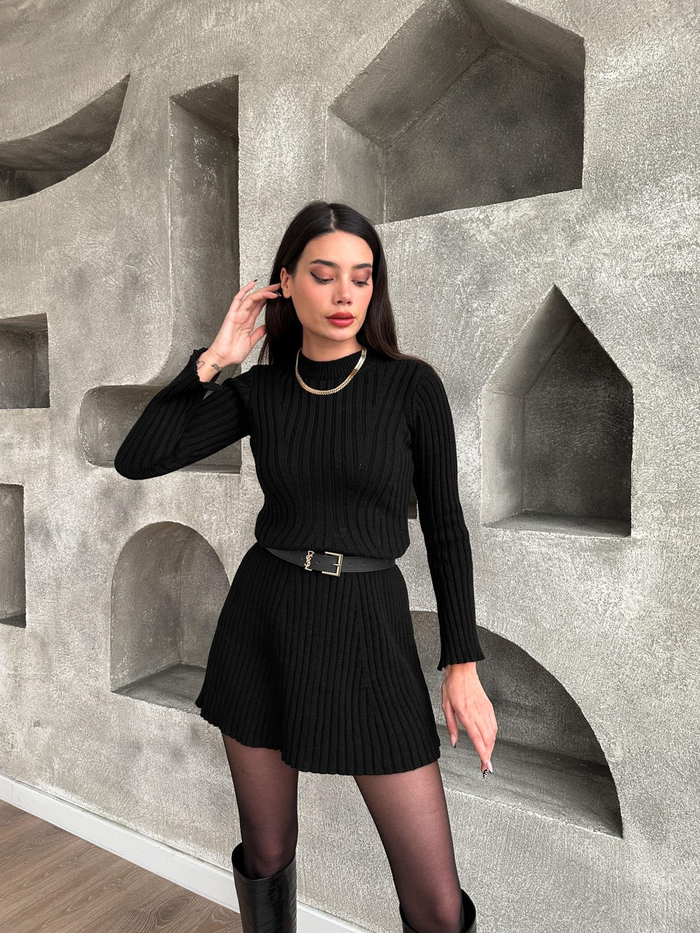 Siyah Fitilli Mini Elbise